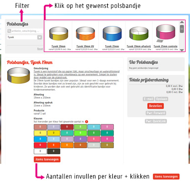 screenshot van de webshop voor het online bestellen van tyvek polsbandjes
